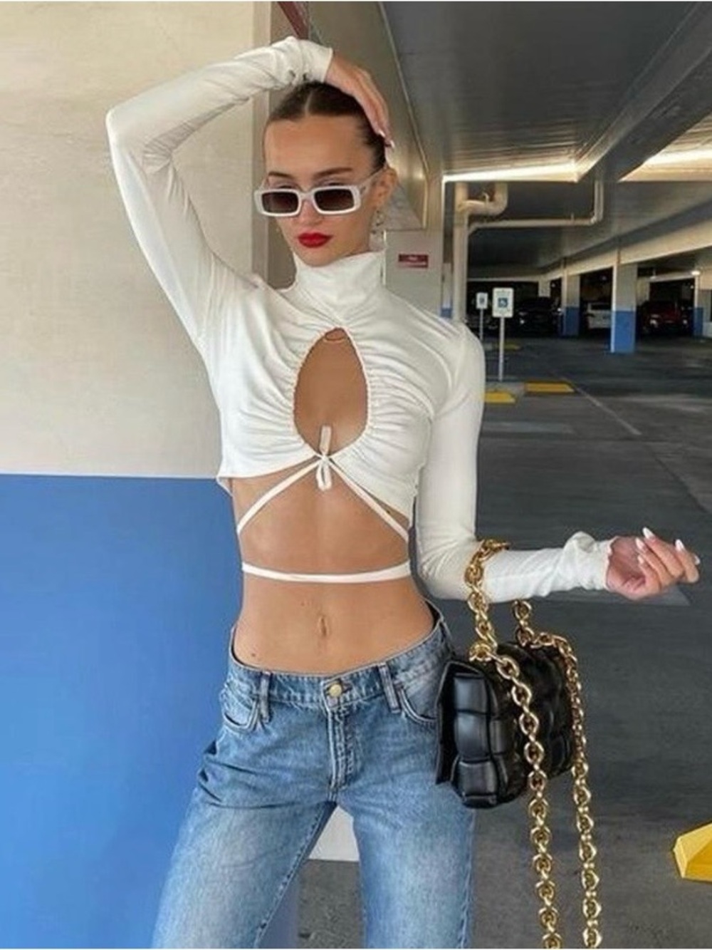 I.AM.GIA White Long-Sleeve Cutout Tie-Front Crop Top